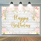 Toile de fond d'anniversaire en bois floral rose et blanc pour fille